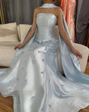 Elegant Gray Blue Satin A-Line Strapless Wedding Dress Formal Evening Dress HZ1108