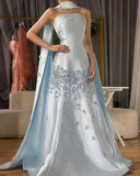 Elegant Gray Blue Satin A-Line Strapless Wedding Dress Formal Evening Dress HZ1108