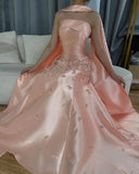 Elegant Gray Blue Satin A-Line Strapless Wedding Dress Formal Evening Dress HZ1108