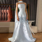 Elegant Gray Blue Satin A-Line Strapless Wedding Dress Formal Evening Dress HZ1108