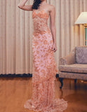 Gorgeous Lace Beaded Spaghetti Straps Tulle Sheath Long Prom Dress Charming Evening Party Dress HZ1108