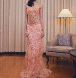 Gorgeous Lace Beaded Spaghetti Straps Tulle Sheath Long Prom Dress Charming Evening Party Dress HZ1108