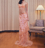 Gorgeous Lace Beaded Spaghetti Straps Tulle Sheath Long Prom Dress Charming Evening Party Dress HZ1108