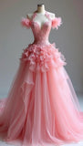 Sweet Peach V-Neck A-Line Lace Tulle Wedding Dress Long Prom Dresses HZ1108