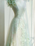 Fairytale Light Green One Shoulder A-Line Tulle Applique Wedding Dress Formal Evening HZ1108