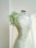 Fairytale Light Green One Shoulder A-Line Tulle Applique Wedding Dress Formal Evening HZ1108
