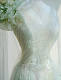 Fairytale Light Green One Shoulder A-Line Tulle Applique Wedding Dress Formal Evening HZ1108