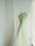 Fairytale Light Green One Shoulder A-Line Tulle Applique Wedding Dress Formal Evening HZ1108