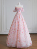 Gorgeous Pink Off-the-shoulder A-Line Tulle Sequin Applique Wedding Dress Sweet 16 Dresses HZ1108