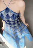 Fashionable Ocean Blue Halter A-Line Tulle Sequin Wedding Dress Long Prom Dress HZ1108