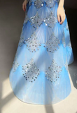 Fashionable Ocean Blue Halter A-Line Tulle Sequin Wedding Dress Long Prom Dress HZ1108