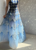 Fashionable Ocean Blue Halter A-Line Tulle Sequin Wedding Dress Long Prom Dress HZ1108