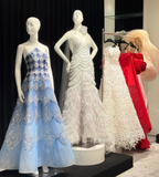 Fashionable Ocean Blue Halter A-Line Tulle Sequin Wedding Dress Long Prom Dress HZ1108