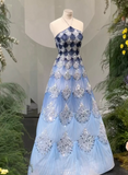 Fashionable Ocean Blue Halter A-Line Tulle Sequin Wedding Dress Long Prom Dress HZ1108
