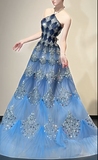 Fashionable Ocean Blue Halter A-Line Tulle Sequin Wedding Dress Long Prom Dress HZ1108