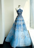Fashionable Ocean Blue Halter A-Line Tulle Sequin Wedding Dress Long Prom Dress HZ1108