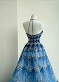 Fashionable Ocean Blue Halter A-Line Tulle Sequin Wedding Dress Long Prom Dress HZ1108