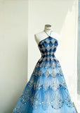 Fashionable Ocean Blue Halter A-Line Tulle Sequin Wedding Dress Long Prom Dress HZ1108