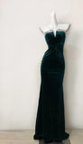 Elegant Dark Green Strapless Mermaid Velvet Long Evening Dress HZ1108