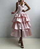 Pink A-Line Halter Prom Dress Tiered Satin Empire-Waist Sleeveless Party Dress 22nd Birthday Dress with Bow HZ1108