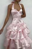 Pink A-Line Halter Prom Dress Tiered Satin Empire-Waist Sleeveless Party Dress 22nd Birthday Dress with Bow HZ1108