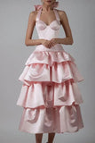 Pink A-Line Halter Prom Dress Tiered Satin Empire-Waist Sleeveless Party Dress 22nd Birthday Dress with Bow HZ1108