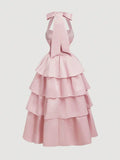 Pink A-Line Halter Prom Dress Tiered Satin Empire-Waist Sleeveless Party Dress 22nd Birthday Dress with Bow HZ1108
