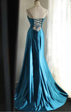 Elegant Satin Mermaid Long Evening Dresses Turquoise Sweetheart Open Back Prom Dresses HZ1108