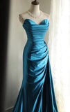 Elegant Satin Mermaid Long Evening Dresses Turquoise Sweetheart Open Back Prom Dresses HZ1108