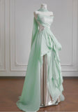 Unique Light Green A-Line Wedding Dresses Sweet Chiffon Strapless Long Prom Dresses HZ1108