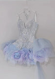 Shiny V-neck A-Line Short Prom Dress Gorgeous Tulle Homecoming Dress HZ1108