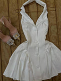 Vintage White V-neck Satin Backless A-line Party Dresses Beautiful Homecoming Dress HZ1108
