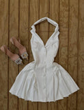 Vintage White V-neck Satin Backless A-line Party Dresses Beautiful Homecoming Dress HZ1108