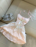 Pink Satin A-line Homecoming Dress Lace Spaghetti Strap Short Prom Dress for Party HZ1108