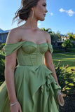 Beautiful Green Off-the-shoulder Satin A-Line Party Dresses with Slits HZ1108