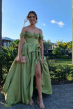 Beautiful Green Off-the-shoulder Satin A-Line Party Dresses with Slits HZ1108