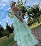 Gorgeous Mint Green Strapless Tulle Layered Party Dresses A-Line Prom Dresses HZ1108