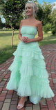 Gorgeous Mint Green Strapless Tulle Layered Party Dresses A-Line Prom Dresses HZ1108