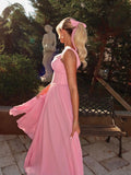 Sweet Pink Spaghetti Strap A-line Bridesmaid Dress Chiffon Party Dress HZ1108