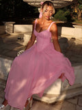 Sweet Pink Spaghetti Strap A-line Bridesmaid Dress Chiffon Party Dress HZ1108