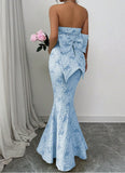 Elegant Blue Mermaid Guest DressesStrapless Jacquard Satin Formal Evening Dress Gorgeous Prom Dress HZ1108
