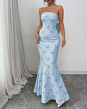Elegant Blue Mermaid Guest DressesStrapless Jacquard Satin Formal Evening Dress Gorgeous Prom Dress HZ1108