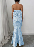 Elegant Blue Mermaid Guest DressesStrapless Jacquard Satin Formal Evening Dress Gorgeous Prom Dress HZ1108
