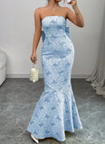 Elegant Blue Mermaid Guest DressesStrapless Jacquard Satin Formal Evening Dress Gorgeous Prom Dress HZ1108