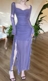 Enchanted Purple Square Neck Chiffon Long Sleeve Bodycon Party Dresses HZ1108