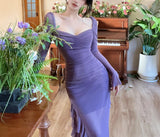 Enchanted Purple Square Neck Chiffon Long Sleeve Bodycon Party Dresses HZ1108