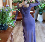 Enchanted Purple Square Neck Chiffon Long Sleeve Bodycon Party Dresses HZ1108