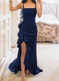 Navy Blue Elegant Spaghetti Straps Party Dress Sheath Satin Evening Dress with Slits HZ1108
