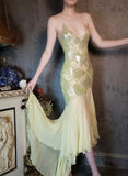Classic Deep V Spaghetti Straps Sequined Sheath Prom Dresses Elegant Chiffon Backless Evening HZ1108