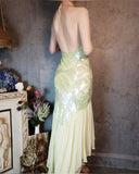 Classic Deep V Spaghetti Straps Sequined Sheath Prom Dresses Elegant Chiffon Backless Evening HZ1108